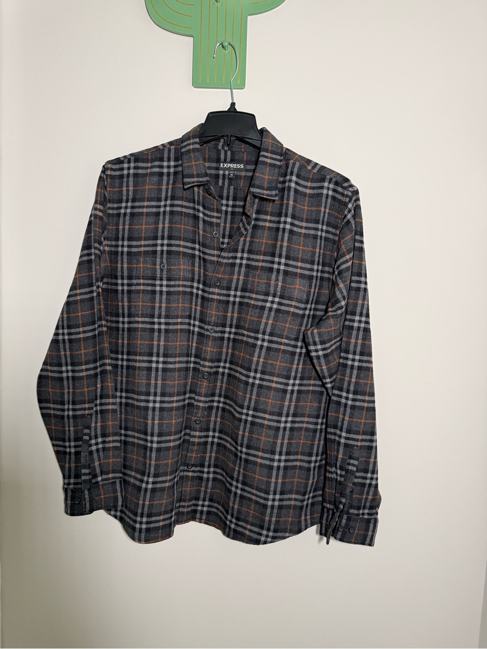 Express Plaid Button-Up Shirt - Charcoal, Gray & Orange